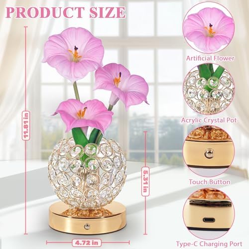 Flower Table Lamps, Rechargeable Cordless Desk Lamp, 3 Colors Dimmable Artificial Flowers Night Light, Morning Glory with Crystal Vase for Home Date Party Decoration (Morning Glory-Pink) - Image 2
