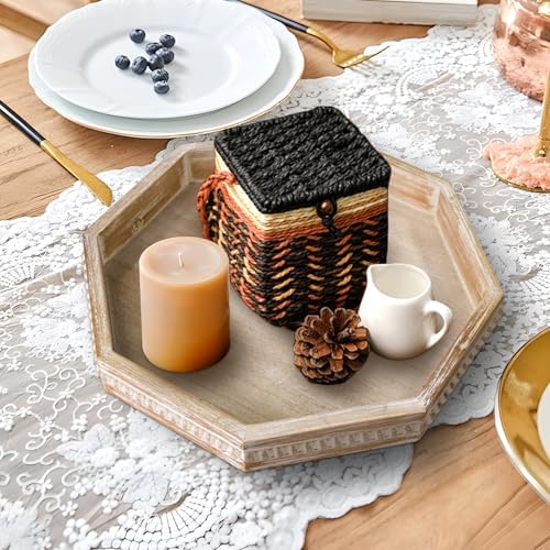 Wooden Decorative Tray, Small Serving Tray with Wood Bead, Farmhouse Big Tray for Ottoman, Countertop, Coffee Tabl, 13" x 13"x 1.6" (White Washed) - Image 4