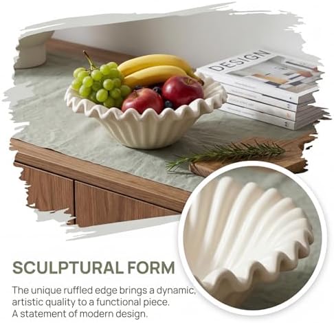 Large Decorative Bowl, 10 Inch White Ceramic Fruit Bowl - Image 3