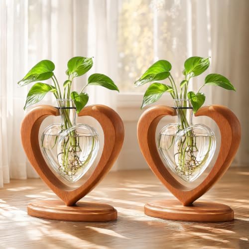 2Pack Plant Propagation Station, Heart Glass Vase & Wooden Stand by Joyathome
