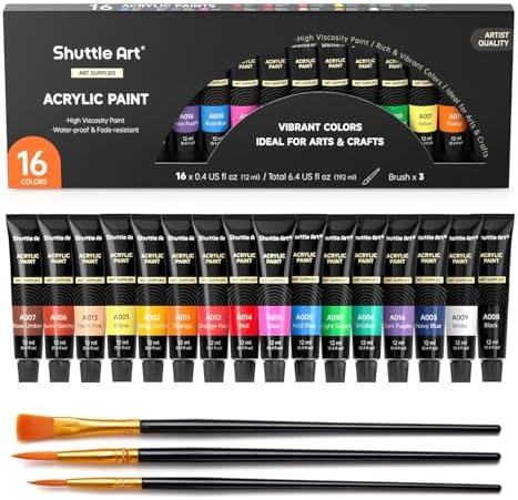 Shuttle Art Acrylic Paint Set, 16 x12ml Tubes Artist Quality Non Toxic Rich Pigments Colors Great for Kids Adults Professional Painting on Canvas Wood Clay Fabric Ceramic Crafts by ShuttleArt