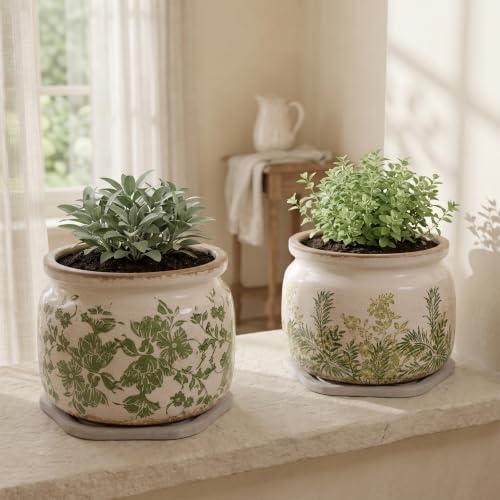 Tuscan Ceramic Planter with Decorative Tray, Plant Lover Gifts for Women - Image 6