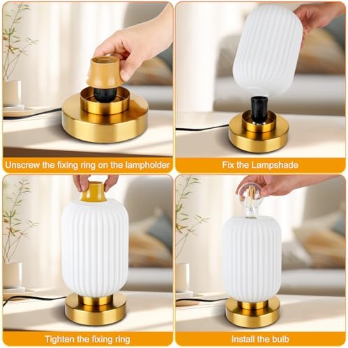 Mid Century Modern Table Lamp with Milk White Ribbed Glass Shade,Touch Control & 3 Way Dimmable, Small Gold, Vintage Bedside Lamp for Bedroom, Living Room,Office (Bulb Included) - Image 7