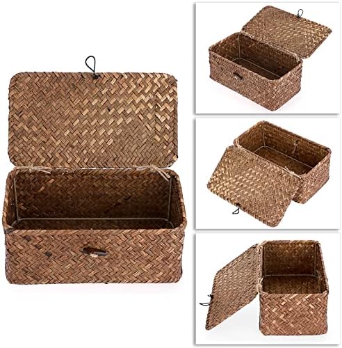 Hipiwe Wicker Shelf Baskets Bin with Lid, Handwoven Seagrass Storage Boxes - Image 2