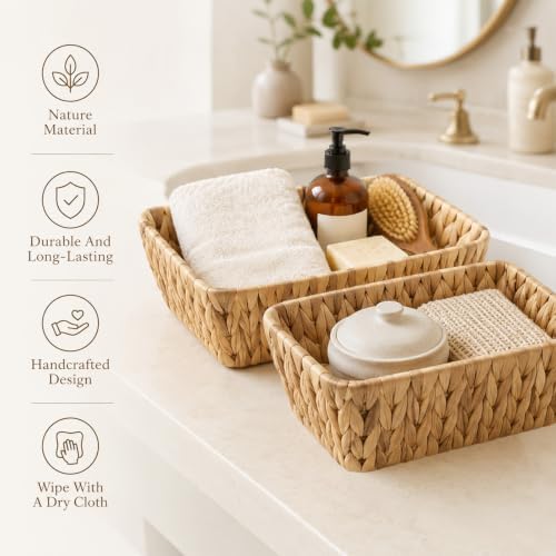 2 Pack Small Wicker Baskets, 2 Size Water Hyacinth Woven Basket Durable Rustic Hand Woven Decorative Baskets for Living Room, Kitchen, Bedroom, Shelf, Home Decor - Image 5