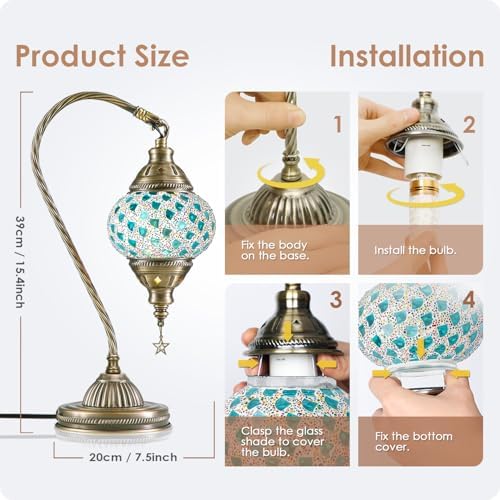 Yarra-Decor Turkish Moroccan Lamp with Bronze Base 3 Color Options Handmade Swan Neck Mosaic Glass Bedside Lamps for Bedroom (LED Bulb Included)(Colorful4) - Image 5