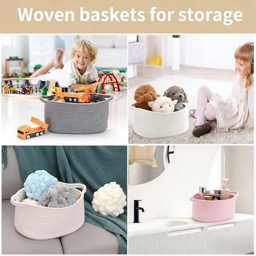 Woven Cotton Rope Storage Basket with Handle, Round Home Storage Basket for Home Organization and Gift Organizer, Home Organizer, Bedroom, Living Room, 12 x 8 x 5 Inch (Off White) - Image 5
