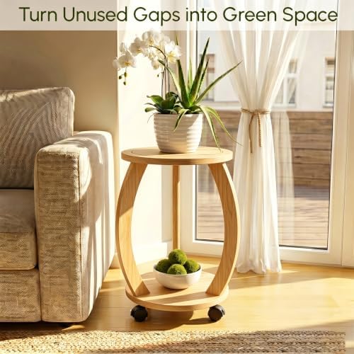 2 Tier Wooden Plant Stand Indoor with Wheels – Tall Plant Stand for 6-13 Inch Pots, Mid-Century Modern Rustic Plant Table Indoor, Pedestal Stand for Corner, Living Room, Balcony, Original Wood - Image 2