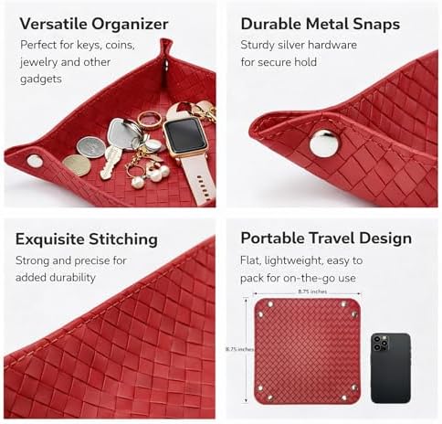 UnionBasic Small Valet Tray, Jewelry Tray for Rings Watches Earrings, Entryway Catchall Caddy for Coins Keys Change, Nightstand Bedside Valet Holder, Trays for Electronic Gadgets, Woven Red - Image 2