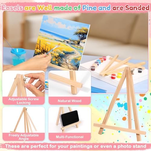 8 Pack 8x10 Inch Canvas Painting Kit, 107 PCS Canvas Boards for Painting with 50 Brushes & Paint Trays & Acrylic Paint & No Spill Cup & Apron & Tablecloth, Mini Painting Canva with Easel Set for Party - Image 4