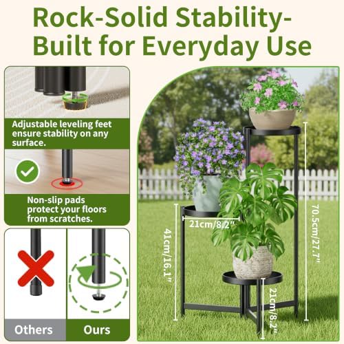 3 Tier Large Plant Stand Indoor with 7.9 Inch Wide Tray, Tiered Corner Metal Outdoor Flower Holder Stand, Folding Tall Rack for Display Shelf for Patio Porch Balcony - BlackDisk - Image 3