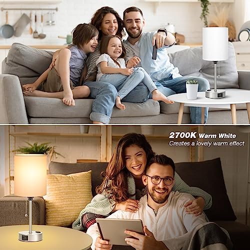 White Bedside Lamp for Bedroom - 3 Color Temperatures Desk Lamp with USB C and A Ports, Pull Chain Table Lamp with AC Outlet, Nightstand Lamp with Silver Metal Base for Kids Girls - Image 6