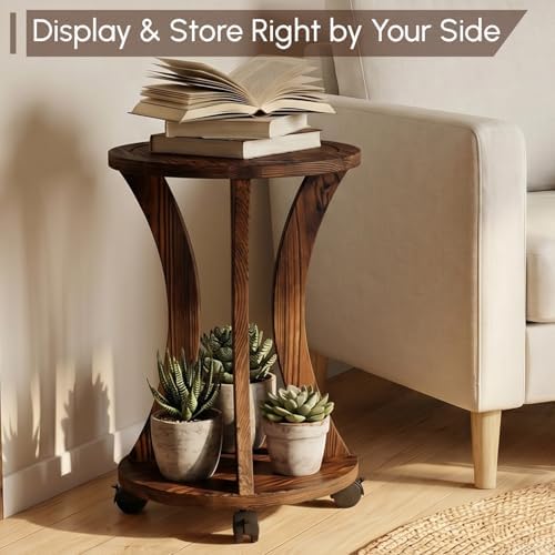 2 Tier Wooden Plant Stand Indoor with Wheels – Tall Plant Stand for 6-12 Inch Pots, Mid-Century Modern Rustic Plant Table Indoor, Pedestal Stand for Corner, Living Room, Balcony, Dark Brown - Image 3