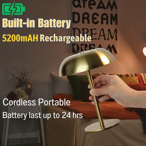 Cordless LED Mushroom Table Lamp, 5200mAh Battery, Dimmable 3 Color, Gold - Image 4