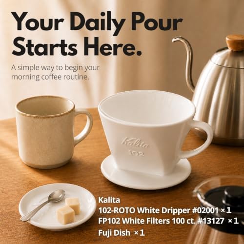 Kalita 102 Coffee Dripper Set, Pour Over Coffee Dripper, White Ceramic Dripper, FP102 Coffee Filters 100 Count, 2 to 4 Cups, Trapezoid Design, 3 Hole Flow, with Fuji Dish, Everyday Brewing Set - Image 2