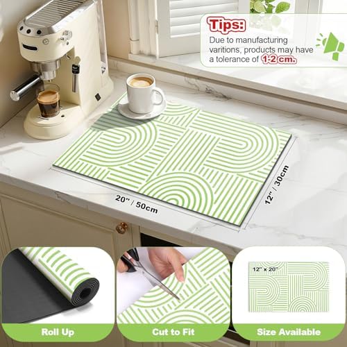 Findosom Geometric Dish Drying Mat, 12" x 20" Absorbent Coffee Mat, Green - Image 2
