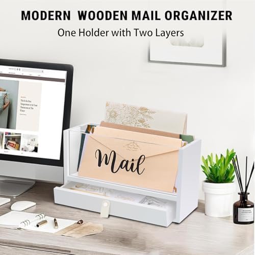 Two-Layer Solid Wooden Mail Storage Organizer Holder with Clear Acrylic Top and Bottom Drawer, Leather Handle, Keeping Mail, Bills, Letters, Cards and Office Supplies in One Place, Home Decor Gifts - Image 2