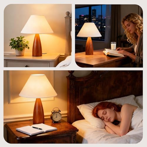 Table Lamp 16.3" Nightstand Lamp with Solid Wood Base & Linen Lampshade - Image 5