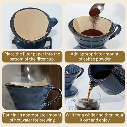 Vintage Ceramic Pour Over Coffee Maker with V60-Style Dripper and 40 Paper Filters (Blue) - Image 4
