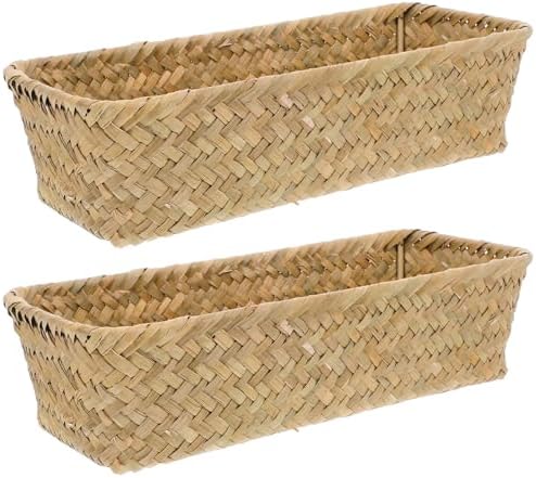 2pcs Large-capacity Woven Straw Storage Baskets for Home and Indoor Storage, Minimalist Khaki Desktop Organizer for Makeup and Small Items, Elegant Handwoven Decorative Baskets by CONGARTENO