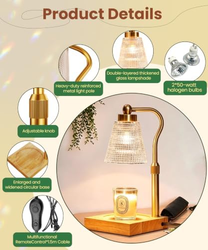 Height Adjustable Candle Warmer Lamp with Timer, 3 Dimmable Wax Melt Warmer, Birthday Gifts for Women Mom, House Warming Gifts New Home Decor, Candle Warmer for Jar Candles with 2 Bulbs, Gold-Clear - Image 6