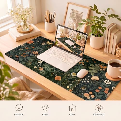 Black Cat Desk Mat, Dark Botanical Floral XXL Mouse Pad 35.4x15.7 in - Image 6