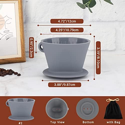Segarty Silicone Coffee Dripper, Gray Single Cup Pour Over Coffee Maker with Storage Pouch, Size NO.2 Reusable Cone Drip Filter Holder Slow Brewer with 3 Holes for Travel, Camping, Backpacking - Image 2