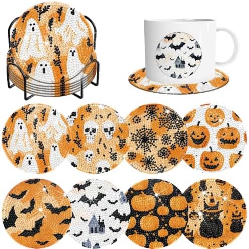 8 Pack Halloween Diamond Painting Coasters with Holder DIY Craft Kit by Demonwer