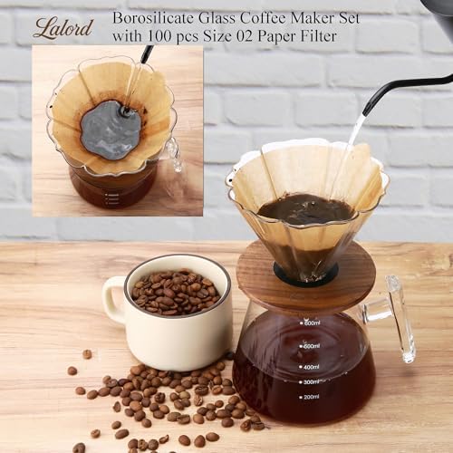 Lalord Pour Over Coffee Maker, 20 oz Borosilicate Glass Set with 100 pcs Paper Filter, Walnut Collar & Glass Lid, Drip Coffee Maker, 1-3 Cups, Clear, 600 ml, Petal Shape - Image 2