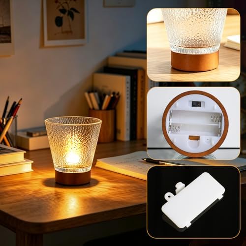 Battery Operated Night Light with Timer, Aesthetic Cordless Battery Powered Decorative Ambient Glass Lamp, Small Cozy Nightlight for Dorm, Nightstand, Bathroom, Warm Tree Pattern - Image 4
