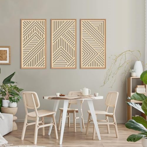 IARTTOP Large Boho Wooden Wall Art 16x32 Inch Framed Mid Century Modern Wood Wall Decor Minimalist Modern Bohemian Decor for Dining Room Living Room Bedroom Set of 3 - Image 3