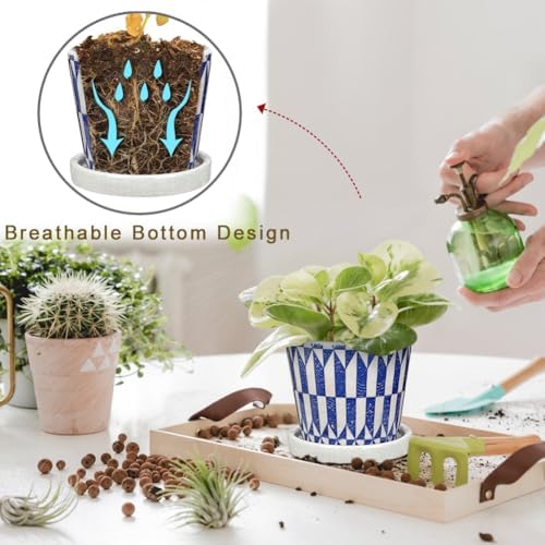 Small Ceramic Pots for Plants, 4.7 inch Blue and White Plant Pot Indoor with Drainage & Saucer Set of 3 Ceramic Planters for Indoor Plants Succulent Pot Decorative Flower Pots for Cactus, Orchid, Herb - Image 4