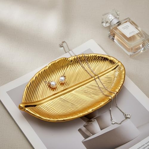 Ceramic Jewelry Tray, Decorative Trinket Dish for Rings, Earrings, Bracelet, Watch & Keys, Small Ceramic Jewelry Holder for Vanity, Dresser & Home Decor (Leaf – Metallic Gold) - Image 3