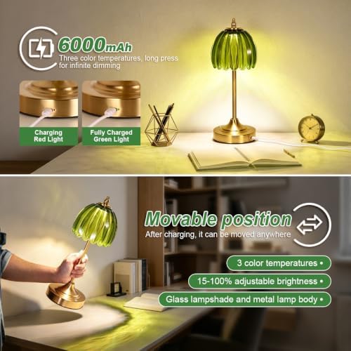 Glass Tulip Table Lamp, Cordless Rechargeable Desk Lamp - Green - Image 2