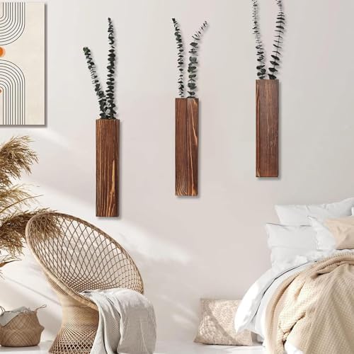 Wooden Wall Planter Set of 3 - Modern Home Decor for Living Room, Bedroom, Bathroom - Walnut Finish Planter for Dried Flowers, Faux Greenery, Indoor Plants - Image 5