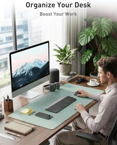 Aothia Faux Leather Desk Mat - Non-Slip PU Leather Desk Blotter, Waterproof Writing Surface, Large Desk Pad for Office & Home (Light Blue, 55" x 24") - Image 3