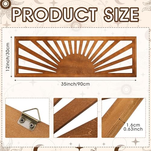 Burbell Horizontal Sun Wall Art, Boho Wooden Room Decor, 35"x12" Dark Brown - Image 2