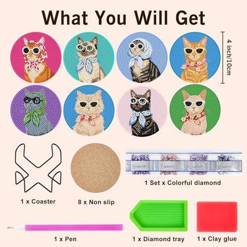 Diamond Art Coasters Kit for Adults, 8PCS Funny Cat Coasters with Holder - Image 3