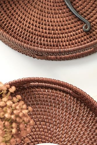 HITOMEN Hand-Woven Round Rattan Serving Tray Decorative Ottoman Wicker Platter with Handles for Coffee Table, Breakfast, Drinks, Snack, Bread, Fruit, Vegetables (Brown Set of 2: M+L) - Image 6