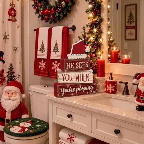 Moucuny 4 Pcs Christmas Bathroom Decorations, Funny Christmas Wooden Signs - Image 6