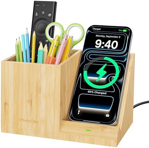Bamboo Pen Holder for Desk with Wireless Charger, Desktop Organizer by Investme