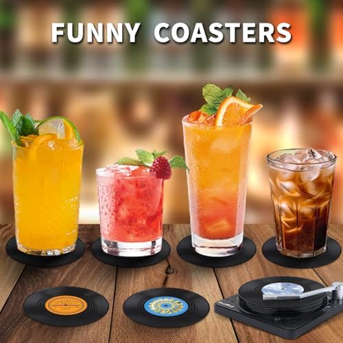 Funny Retro Record Coasters for Drinks with Vinyl Player Holder - Set of 6 Coaster White Elephant Gifts for Music Lovers, Conversation Piece Sayings,Housewarming Hostess Wedding Registry Gift Ideas - Image 6