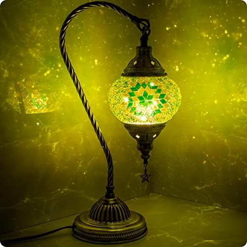 Yarra-Decor Turkish Moroccan Lamp with Bronze Base 3 Color Options Handmade Swan Neck Mosaic Glass Bedside Lamps for Bedroom (LED Bulb Included)(Green2) by Yarra-Decor