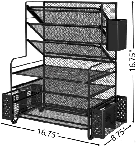 Simple Trending 7 Tier Desk File Organizer, Letter Tray Paper Organizer with Pen Holder and Metal Hanging Basket, Black - Image 6