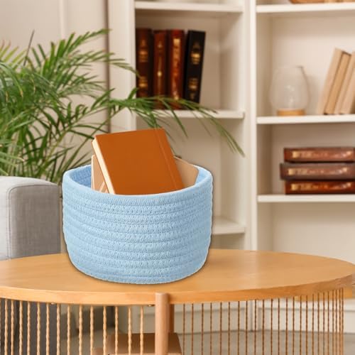 uxcell Blue Small Cotton Rope Woven Storage Basket, Shelf Closet Storage Gift Woven Baskets Cute Nursery Box Bin Decor Organization Bin for Home Supply, Round, 6.3x4.4 - Image 7