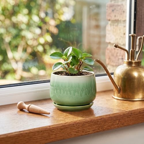 Ceramic Plant Pots - 4 Inch Pots for Plants with Drainage Hole and Saucer, Small Succulent Pot for Indoor Plants, Round Ceramic Planter, Home Office Decor, House Warming Gifts, Green - Image 3