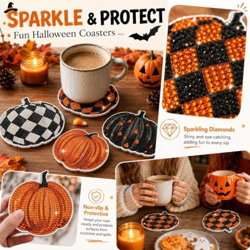 8 Pack Halloween Pumpkin Diamond Painting Coasters with Holder DIY Kit - Image 5