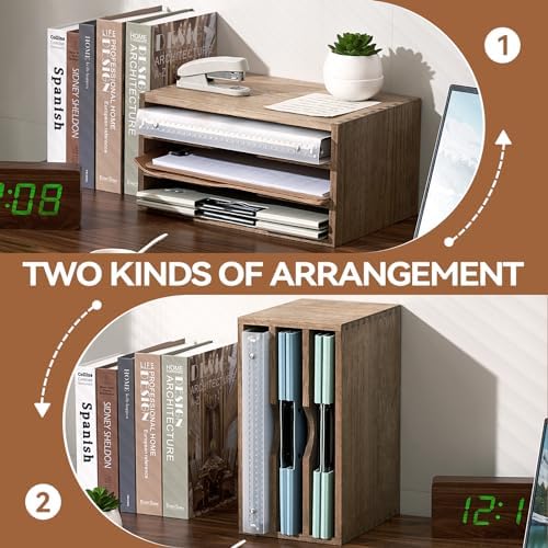 KIRIGEN Wooden Desk Organizer 3-Tier Letter Tray and Paper Sorter, Brown - Image 4