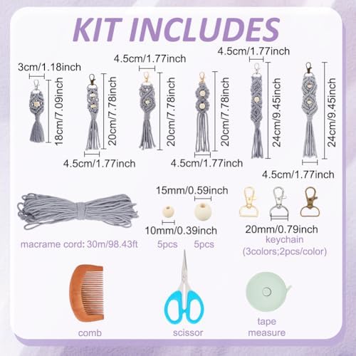 INFUNLY 6 PCS DIY Macrame Light Grey Keychain Kit Wood Beads Keychain Kit with Instructions and Video Tutorial Cotton Cord Key Chain Kit Boho Handmade Keychain Knotting Kit for Car Key Wallet Dector - Image 2