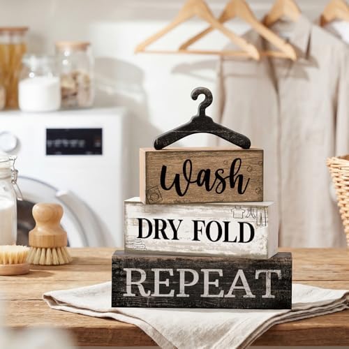 Moucuny 4 Pcs Farmhouse Laundry Room Decor Stacked Blocks Rustic Home Decor - Image 2